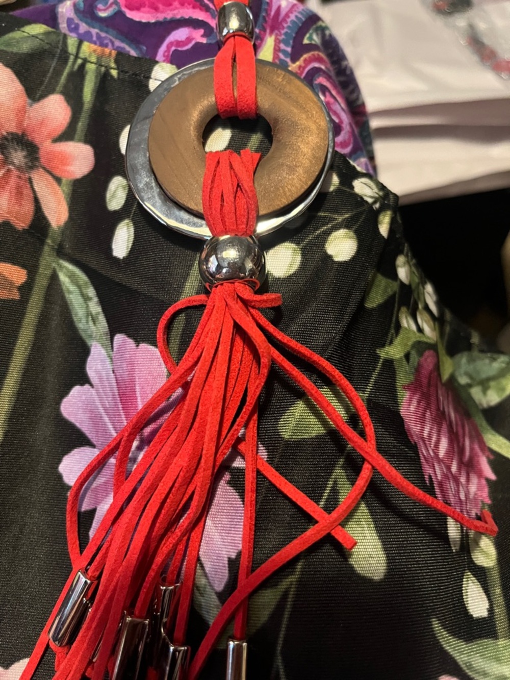 paparazzi Red Tassel Wood & Silver Ring Necklace and Earrings.
